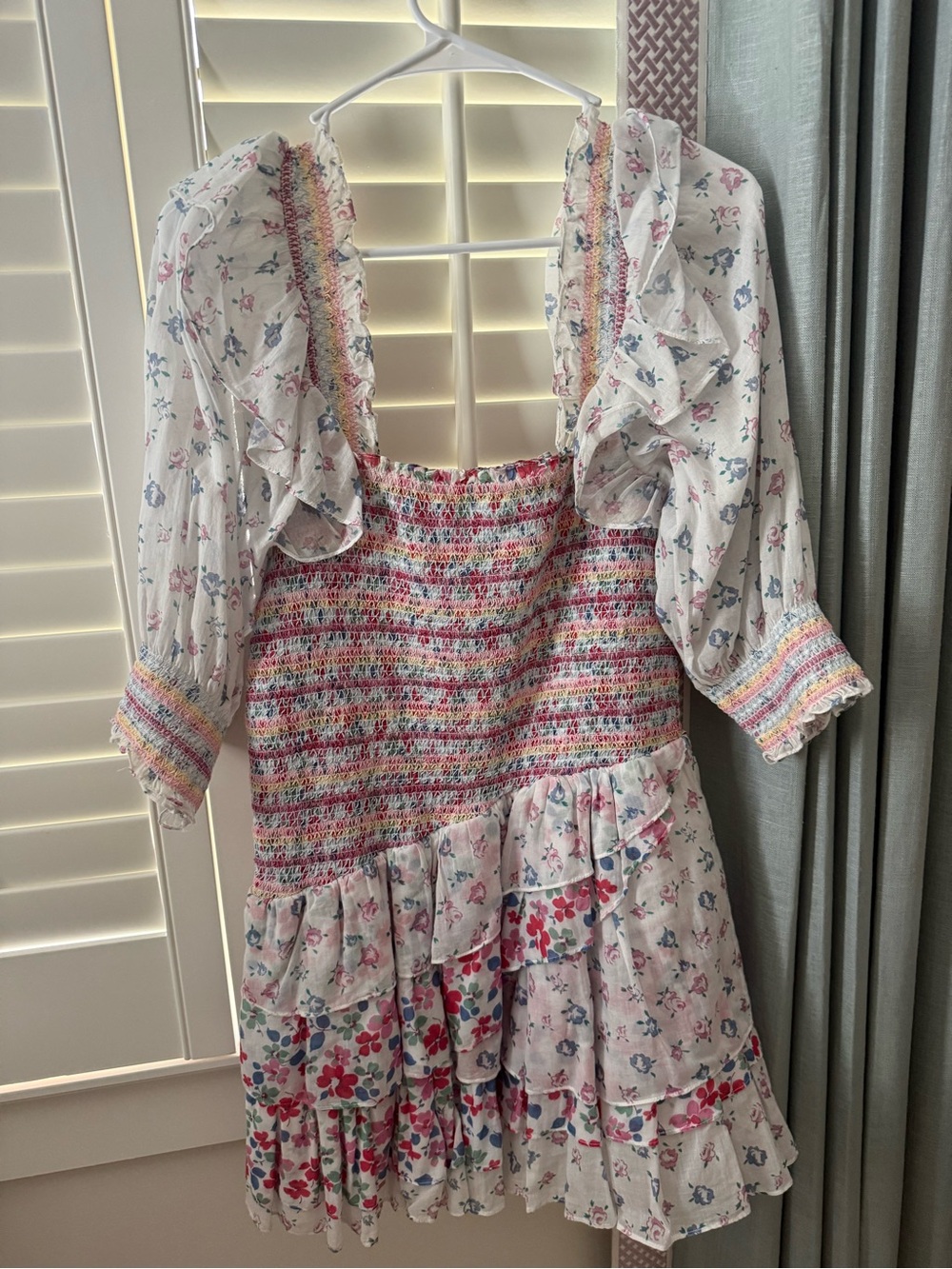 LoveShackFancy White Dress with Pink & Blue Floral Accents